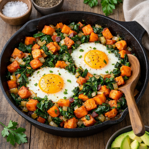 Breakfast Hash with Sweet Potatoes and Greens