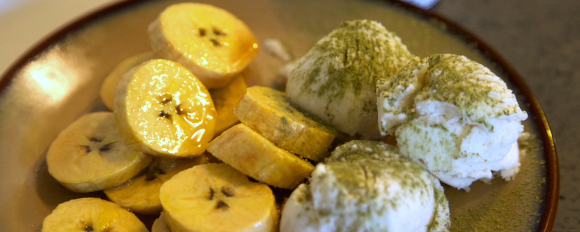 Hazelnut-Carmelized Plantains with Green Tea Salted Vanilla Ice Cream