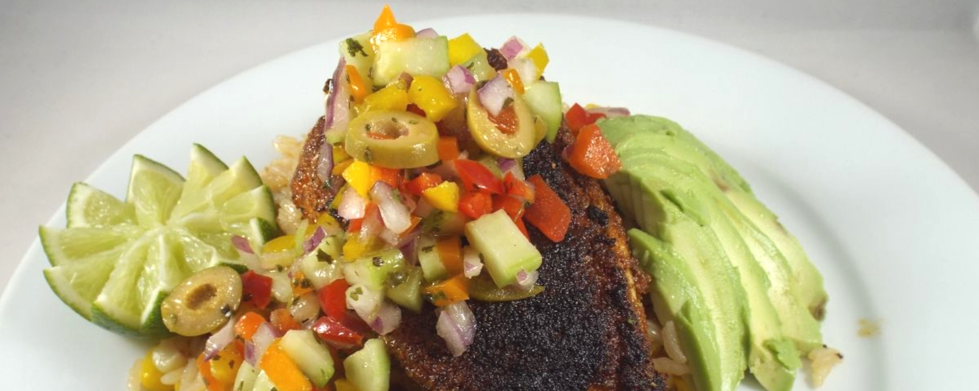 Blackened Tilapia with Cucumber Pico de Gallo and Rice