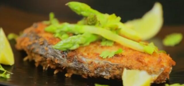LuvMyRecipe.com - Pan Fried Crumbed Surmai With Asparagus Featured